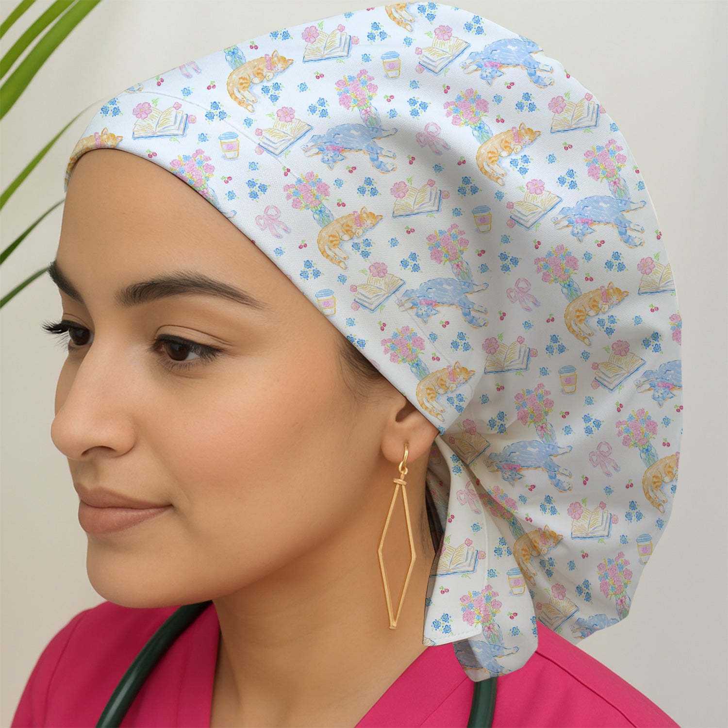 Cute Cats Reading Floral Books Pattern Scrub Cap, Surgical Caps for Doctors