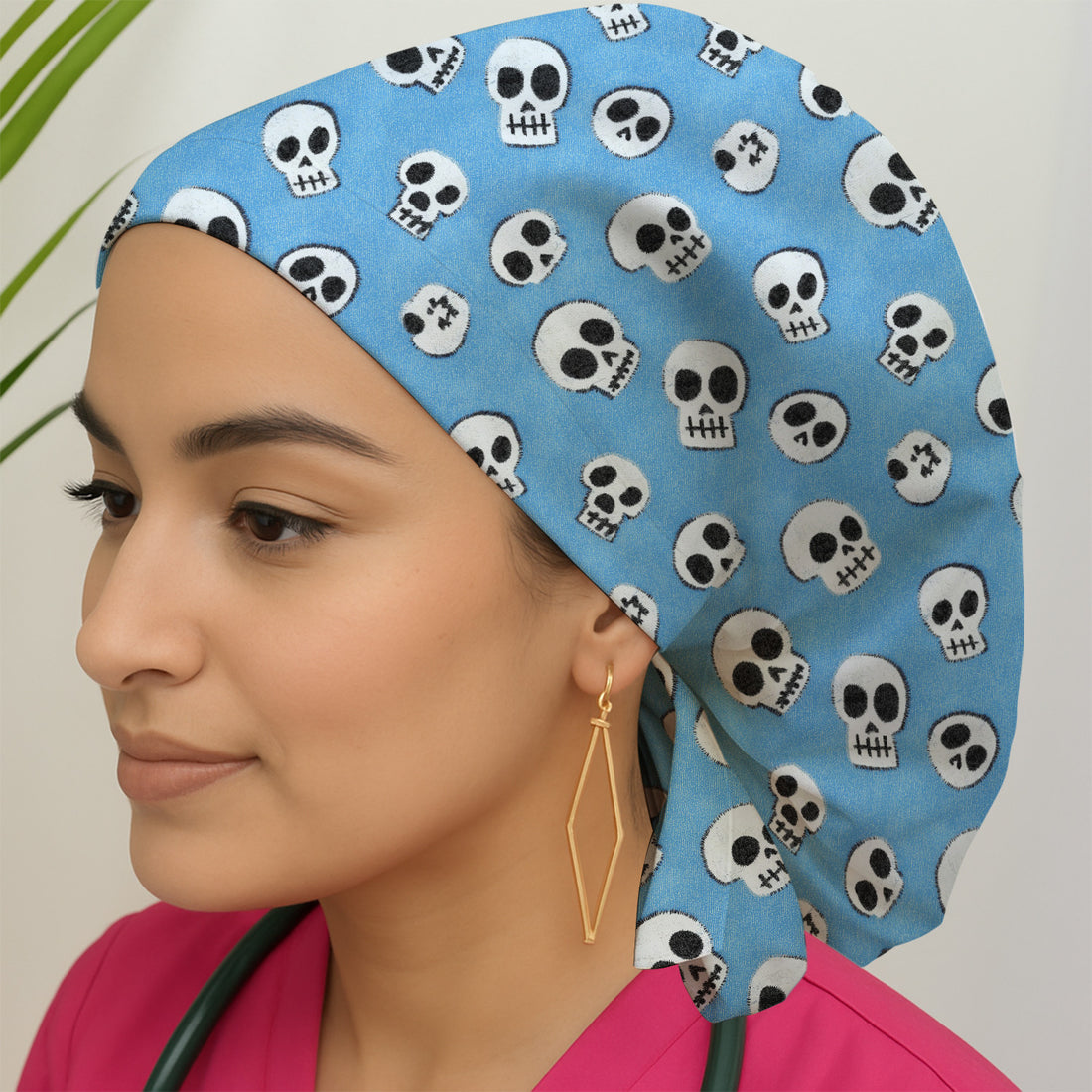 Blue Skull Halloween Pattern Scrub Cap, Breathable Fabrics Caps Uniform