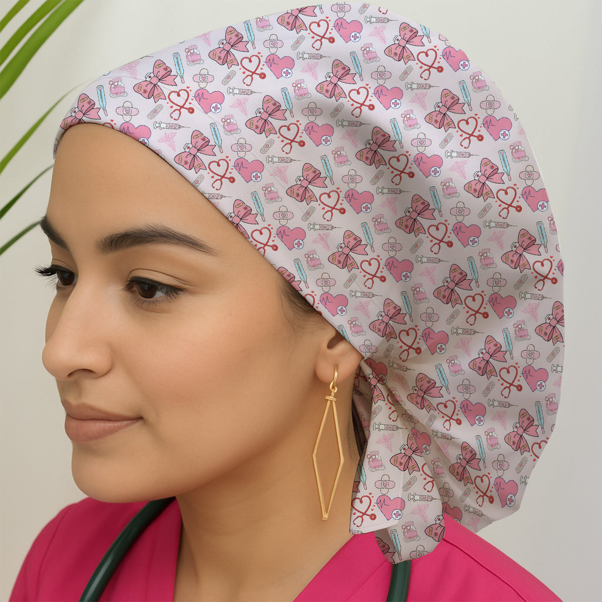 Pinkfarbene OP-Haube mit Herz- und Schleifenmuster, OP-Hauben für Ärzte