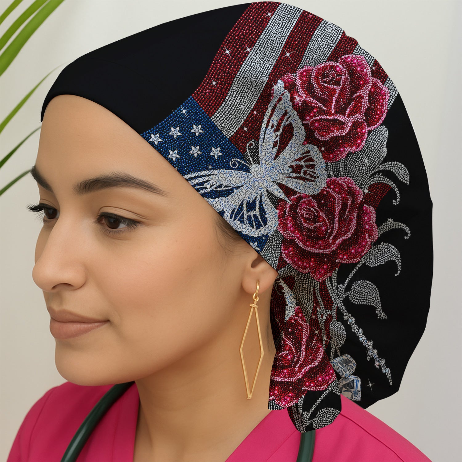 Patriotic Butterfly Rose Flag Print Scrub Cap, Surgical Caps for Doctors