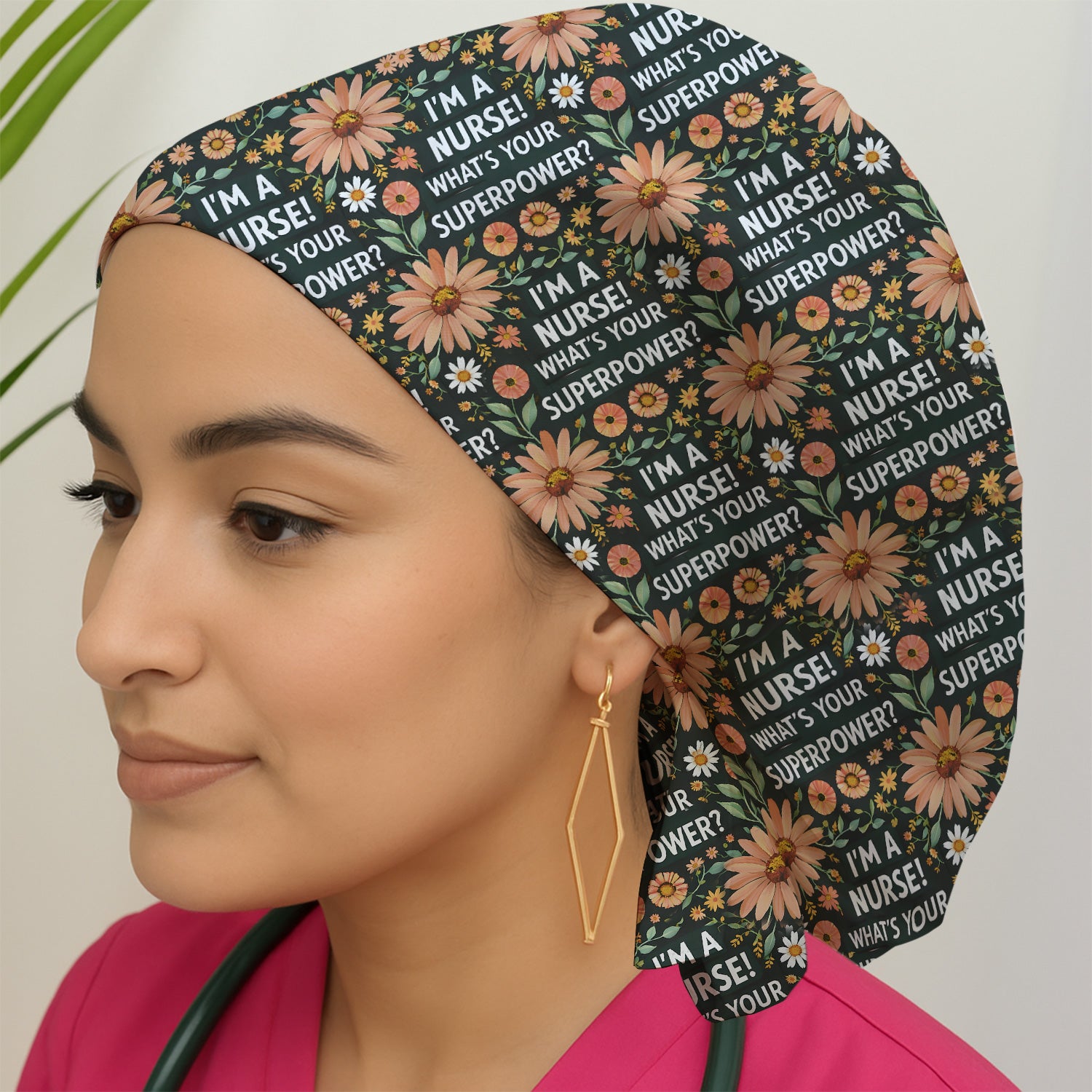 Funny Nurse Superpower Floral Pattern Print Cap, Surgical Caps for Nurses