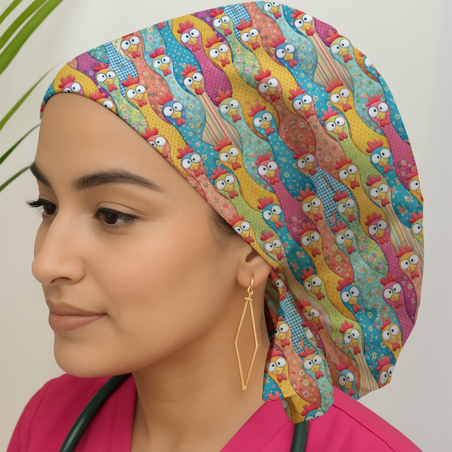 Funny Colorful Chicken Farm Cartoon Print Cap, Surgical Caps for Nurses