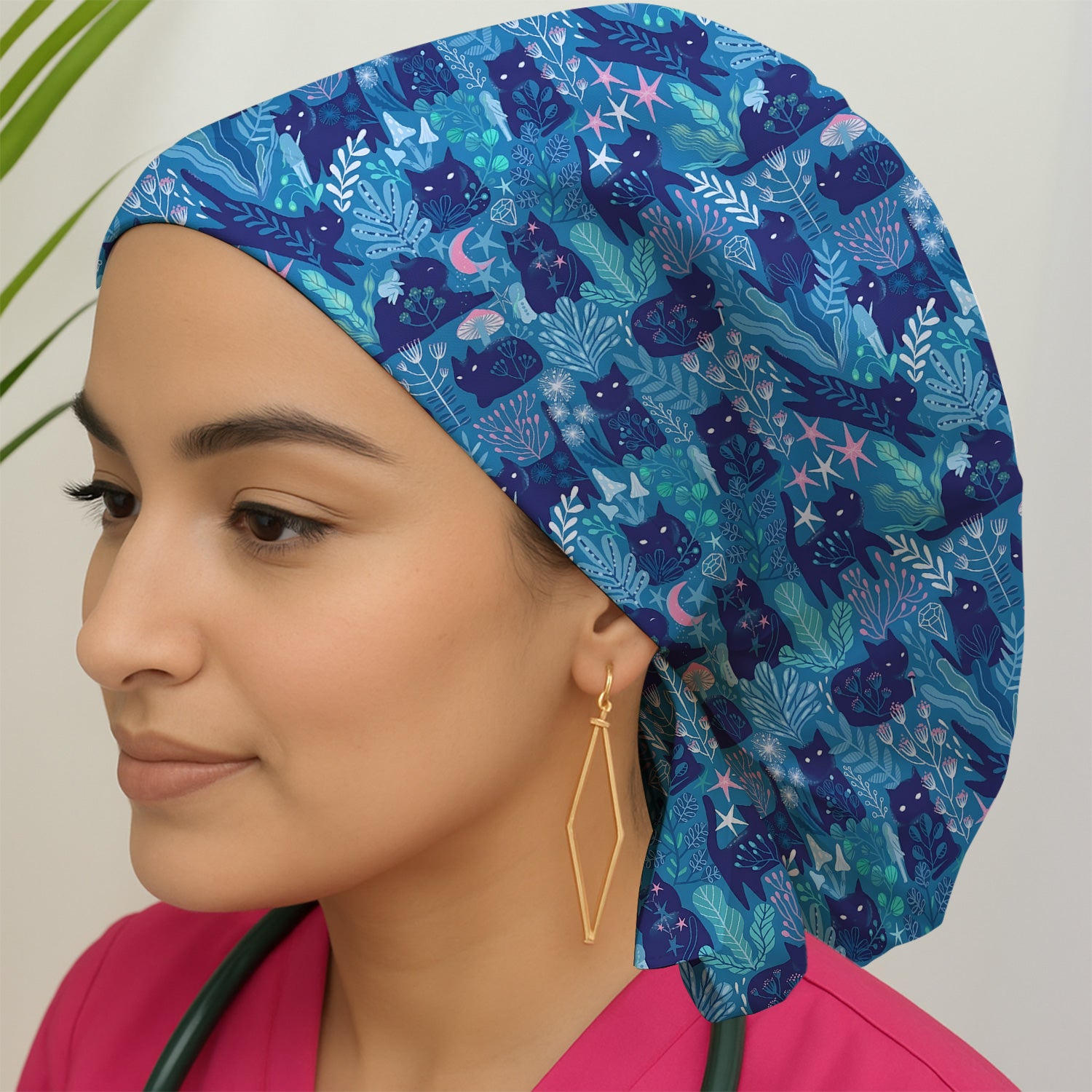 Adorable Celestial Cat Moon Star Pattern Scrub Cap, Breathable Fabrics Caps Uniform