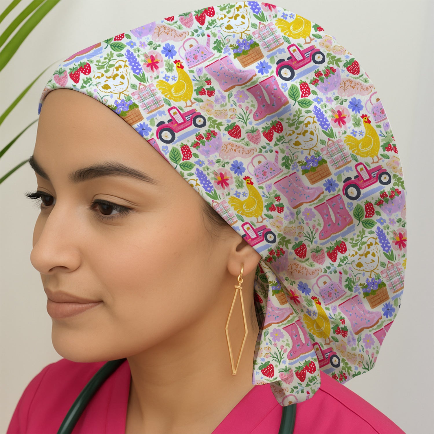 Cute Farm Garden Chicken Pattern Scrub Cap, Bouffant Scrub Caps for Women