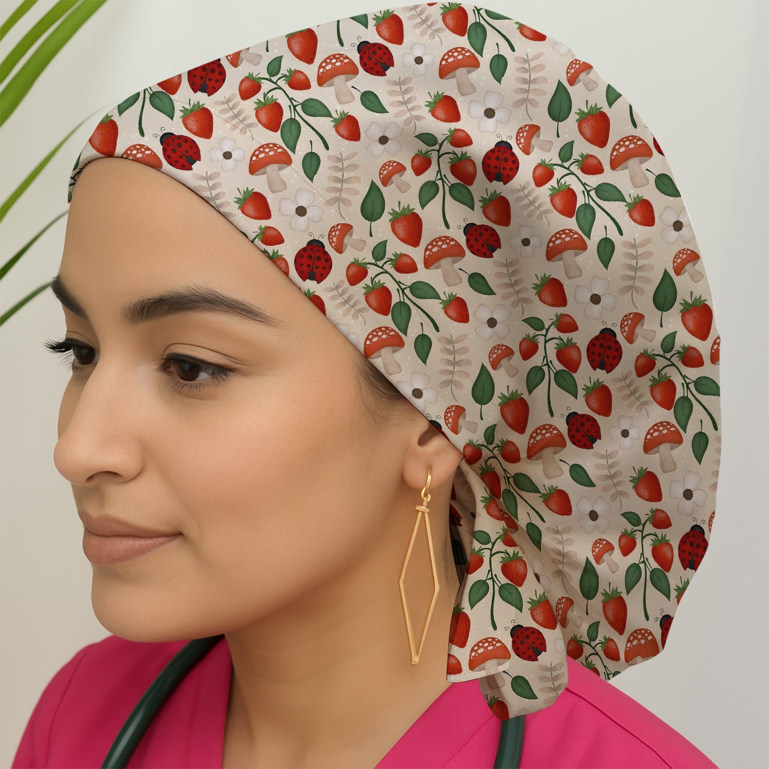 Strawberry Ladybug Mushroom Floral Scrub Cap, Surgical Caps for Doctors