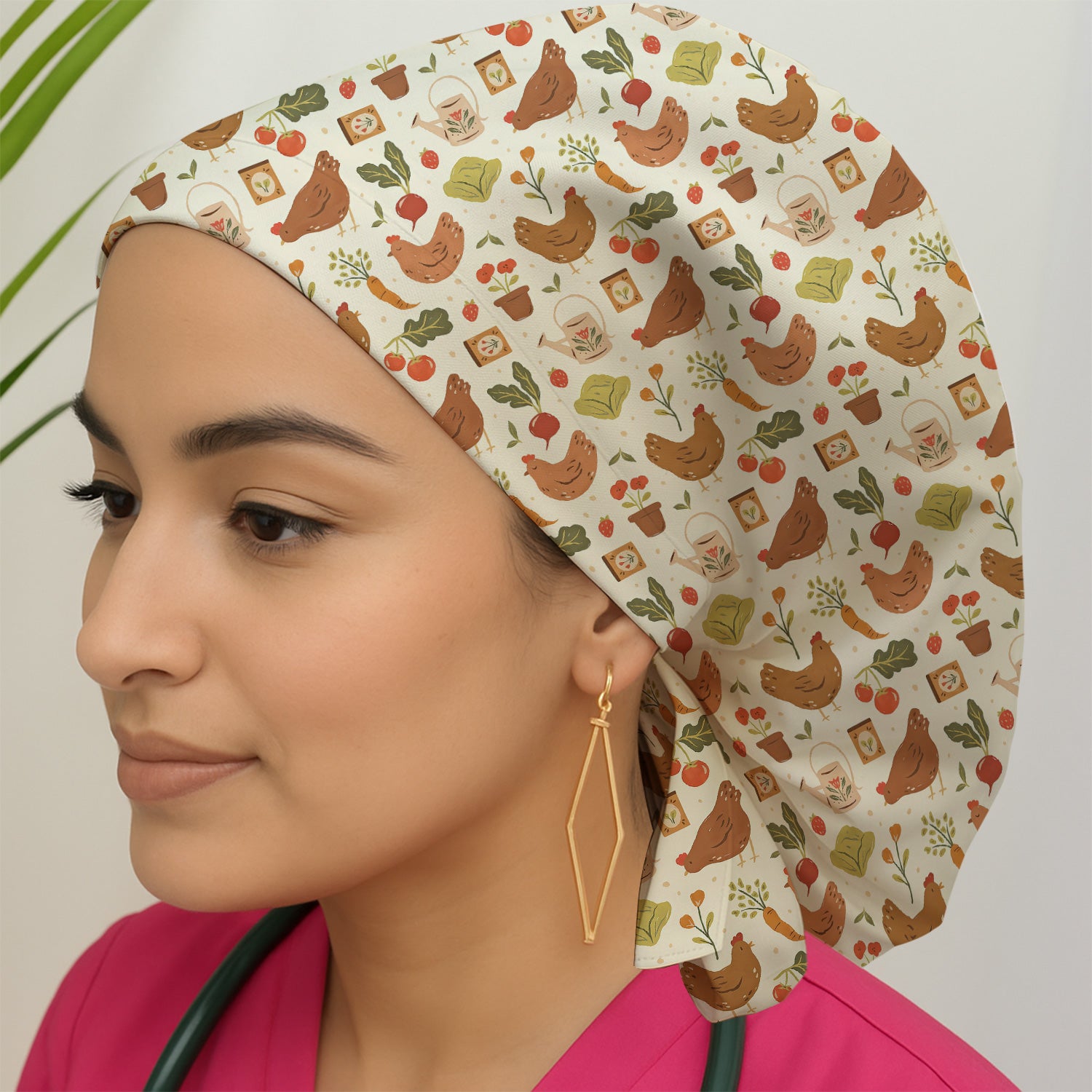 Rustic Farm Chicken Garden Vegetable Pattern Nurse Scrub Cap, Surgical Caps for Doctors