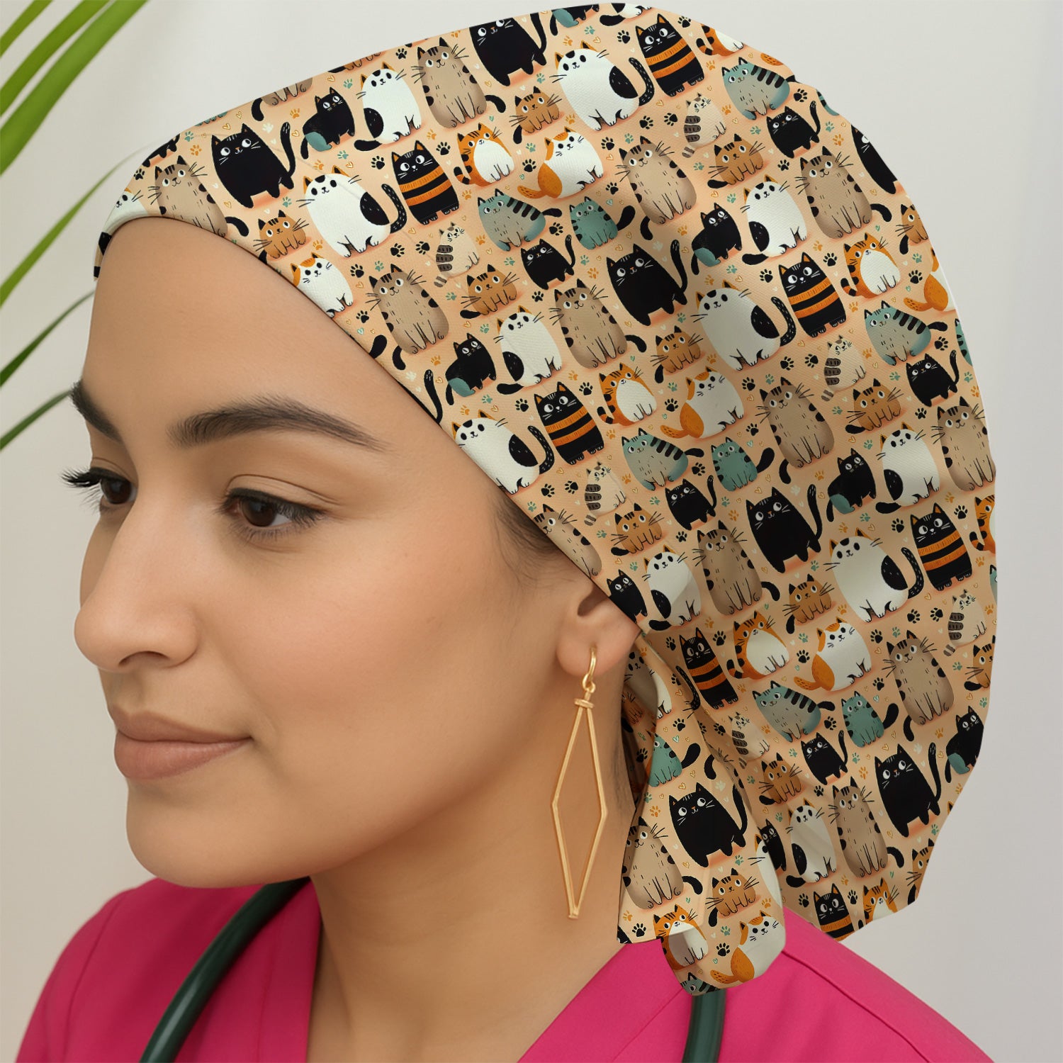 Cat Parade Doodle Pattern Scrub Cap, Bouffant Scrub Caps for Women