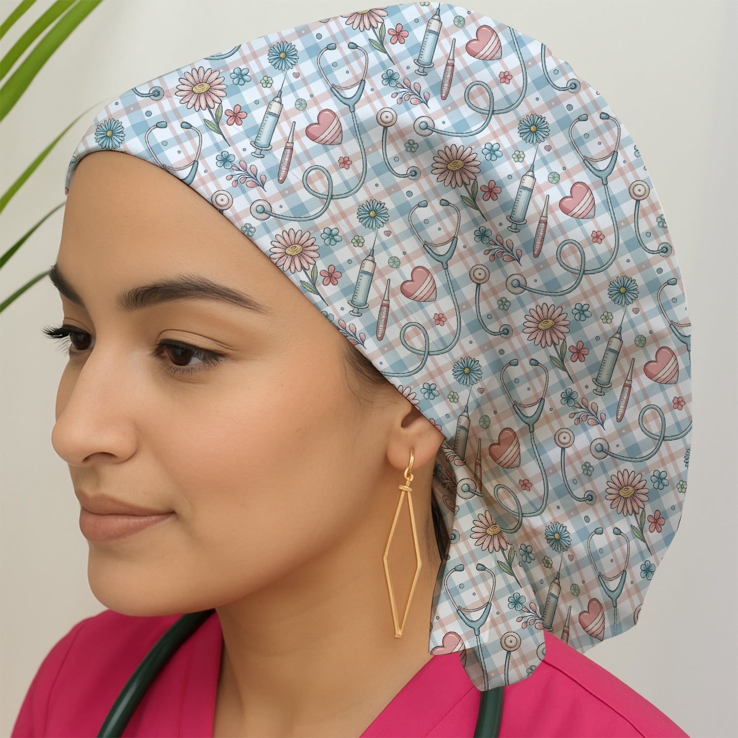 Stethoscope Heart Syringe Floral Plaid Pattern Scrub Cap, Surgical Caps for Doctors