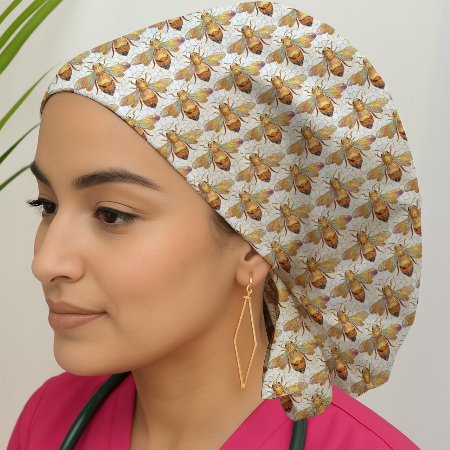 Golden Honey Bee Honeycomb Nurse Pattern Scrub Cap, Bouffant Scrub Caps for Women
