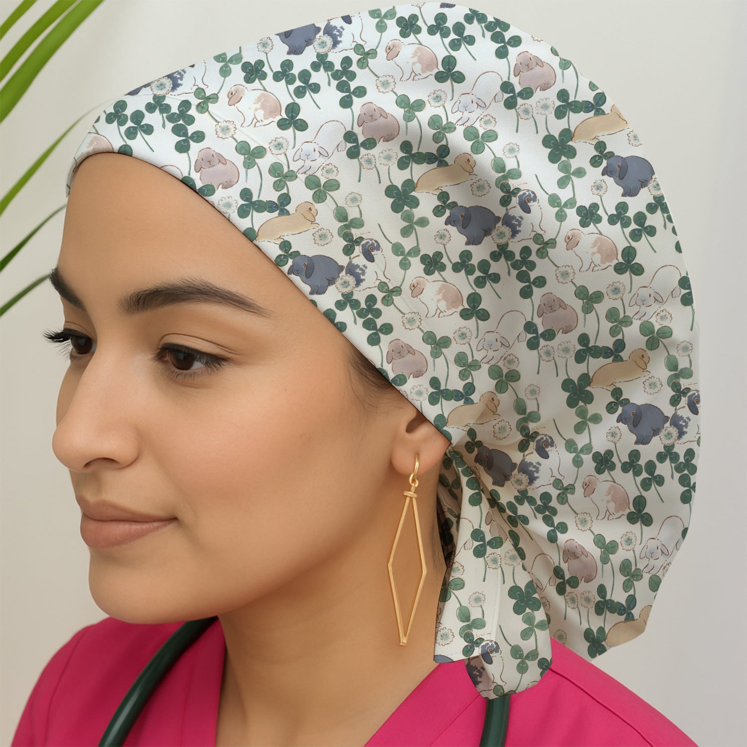 Cute Bunny Clover Garden Meadow Pattern Nurse Scrub Cap, Surgical Caps for Doctors