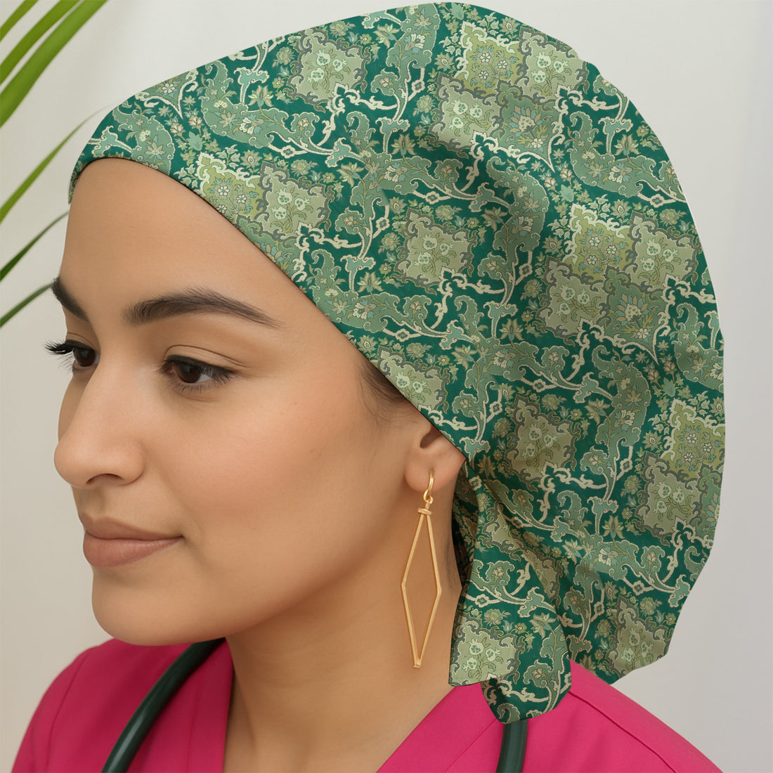 Green Vintage Damask Ornamental Pattern Scrub Cap, Breathable Fabrics Caps Uniform
