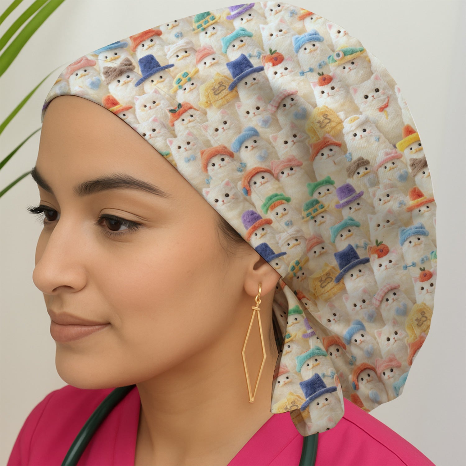 Adorable Cats Wearing Colorful Hats Pattern Caps, Bouffant Scrub Caps for Women