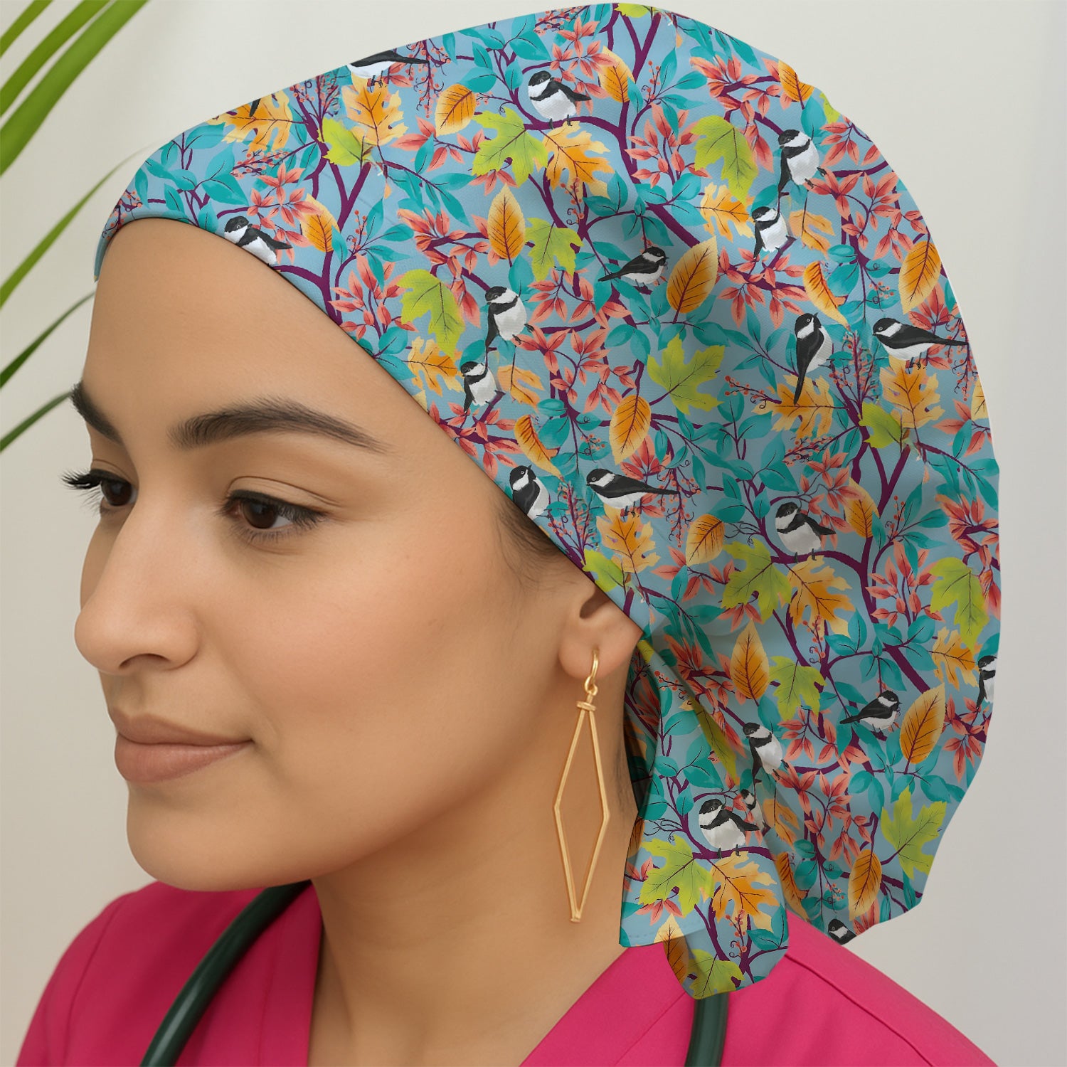 Autumn Leaf Chickadee Bird Pattern Bouffant Cap, Surgical Caps for Doctors