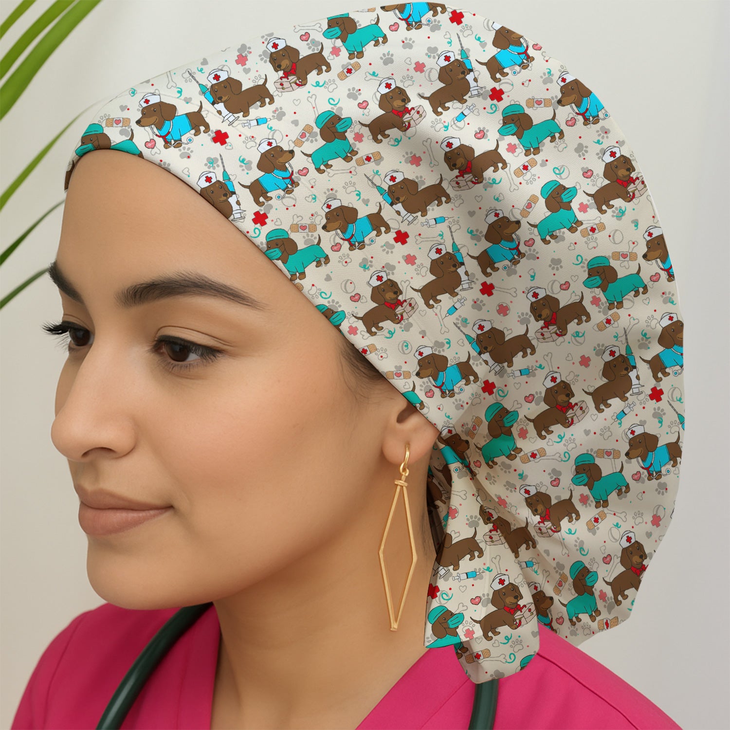 Cute Wiener Dog Dachshund Nurse Scrub Cap, Funny Dachshund Dog Scrubs Hat, Breathable Fabrics Nursing Uniform