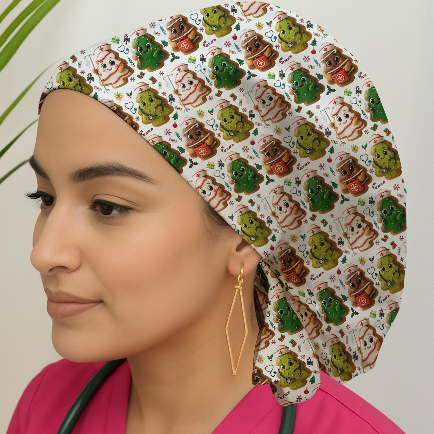 Christmas Cookie Scrub Cap – Festive Nurse & Holiday Tree Pattern – Cute Medical Uniform for Nurses, Vets and Healthcare Workers
