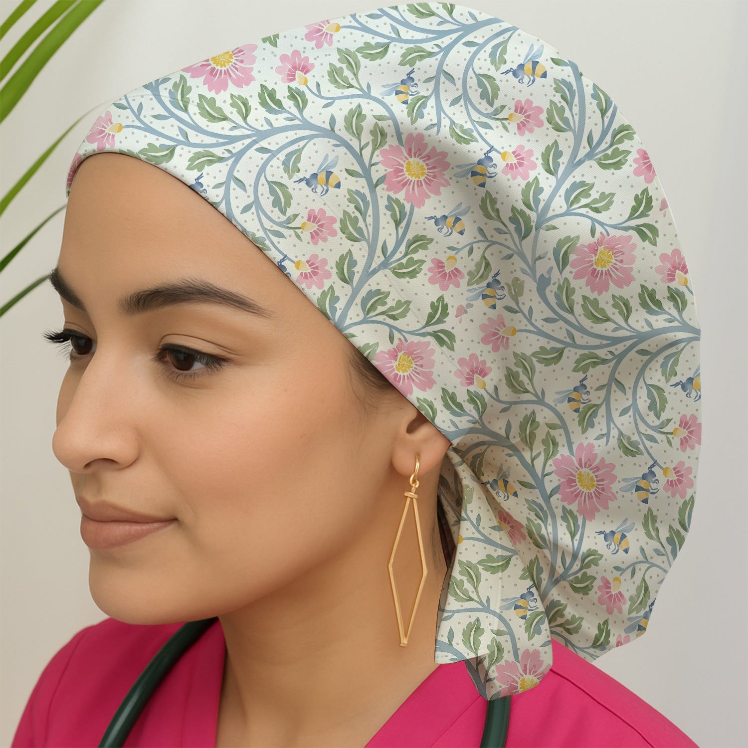 Cute Floral Bee Garden Nurse Pattern Scrub Cap, Bouffant Scrub Caps for Women