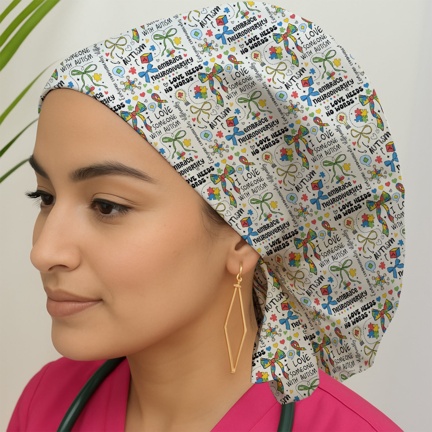 Autism Awareness Puzzle Ribbon Pattern Print Cap, Bouffant Scrub Caps for Women