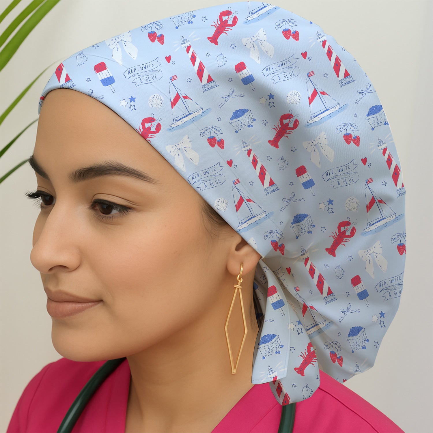 Lobster Lighthouse Sailboat Pattern Scrub Cap, Surgical Caps for Doctors