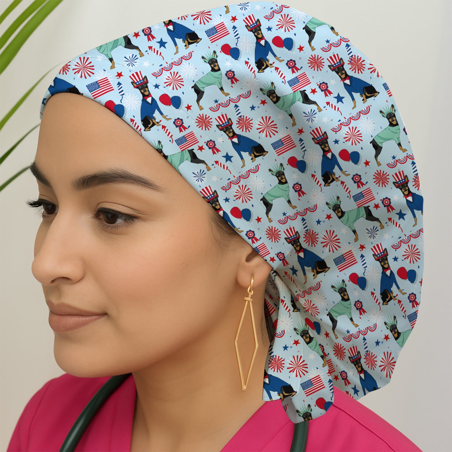 Patriotic Doberman Liberty Fireworks Pattern Scrub Cap, Surgical Caps for Doctors