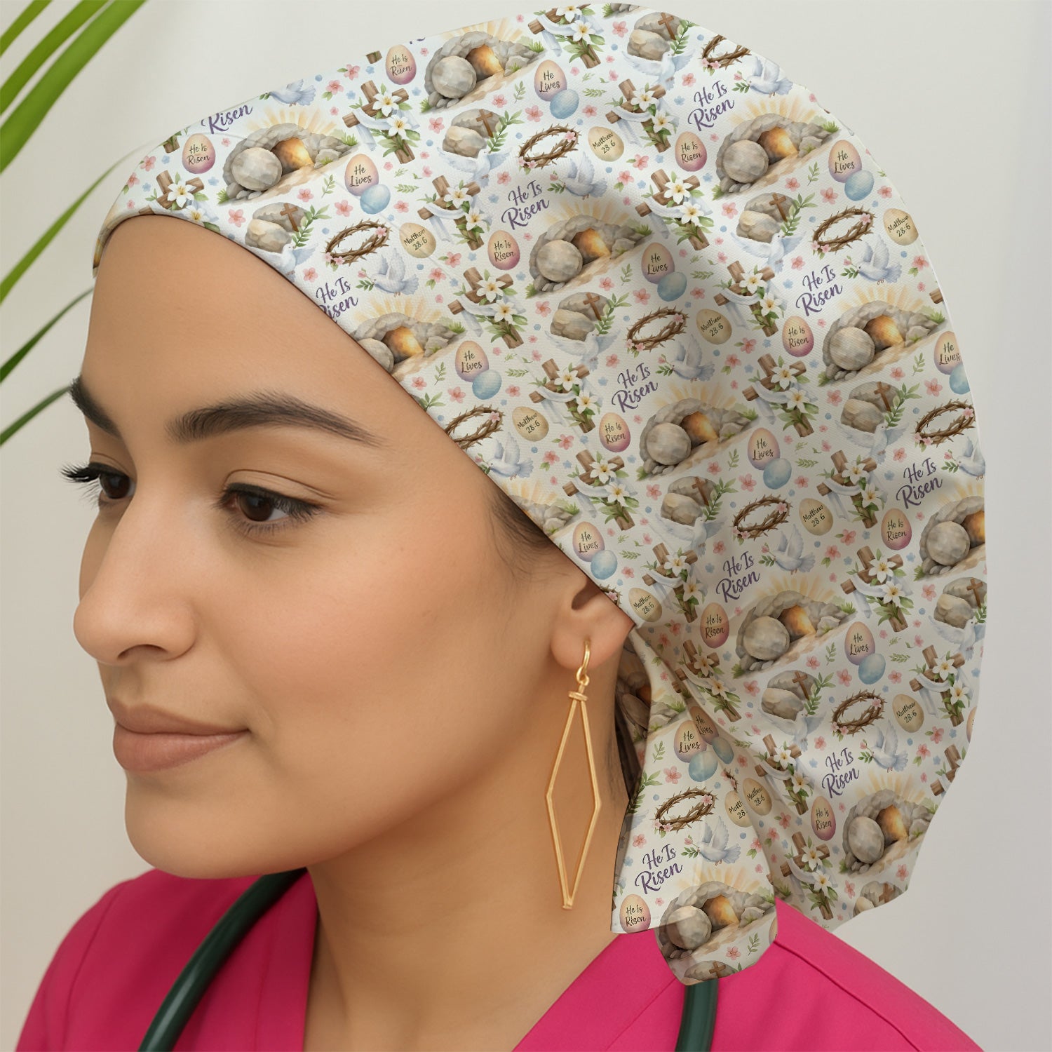 He Is Risen Cross Tomb Lily Pattern Scrub Cap, Breathable Fabrics Caps Uniform