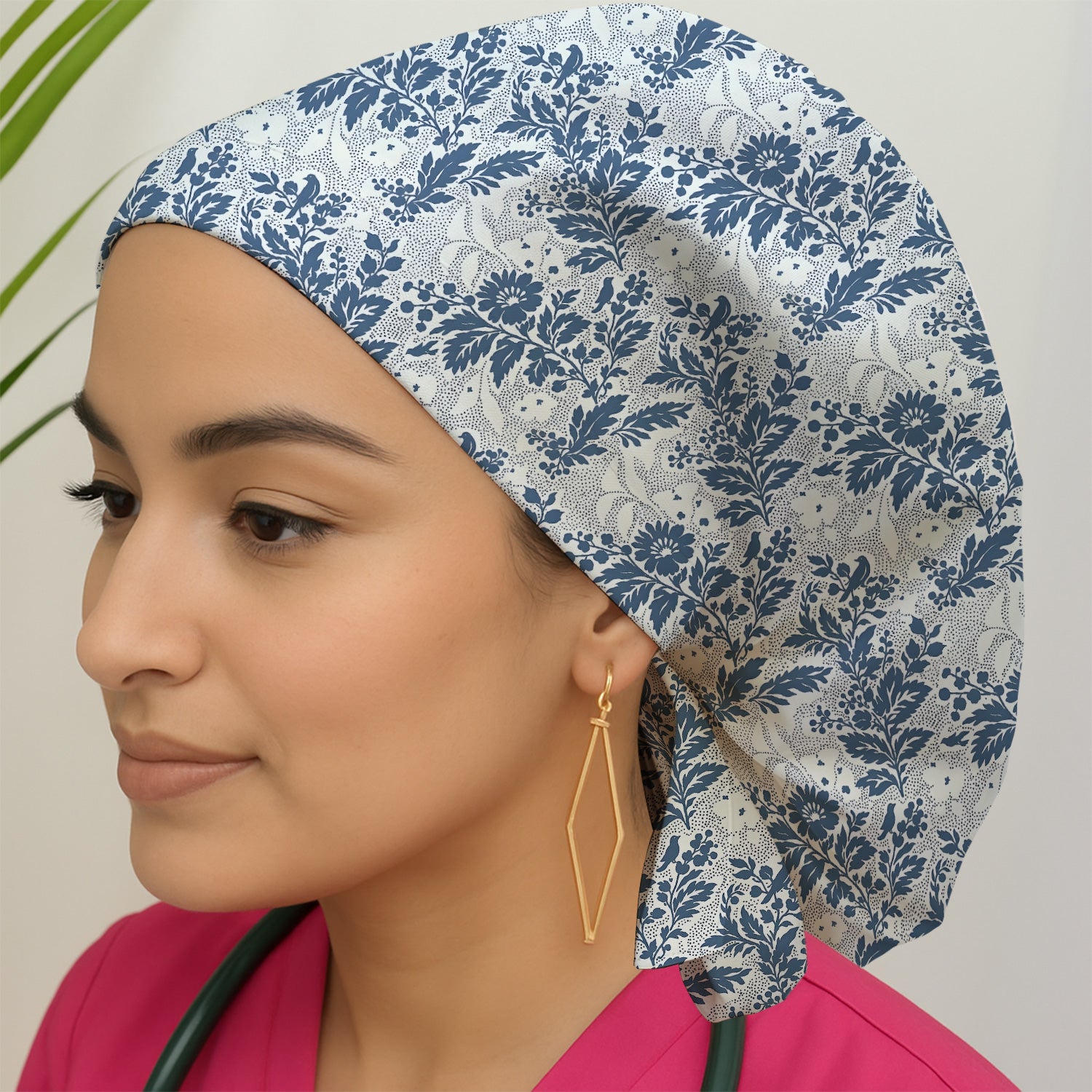 Cute Blue Floral Botanical Nurse Pattern Scrub Cap, Bouffant Scrub Caps for Women