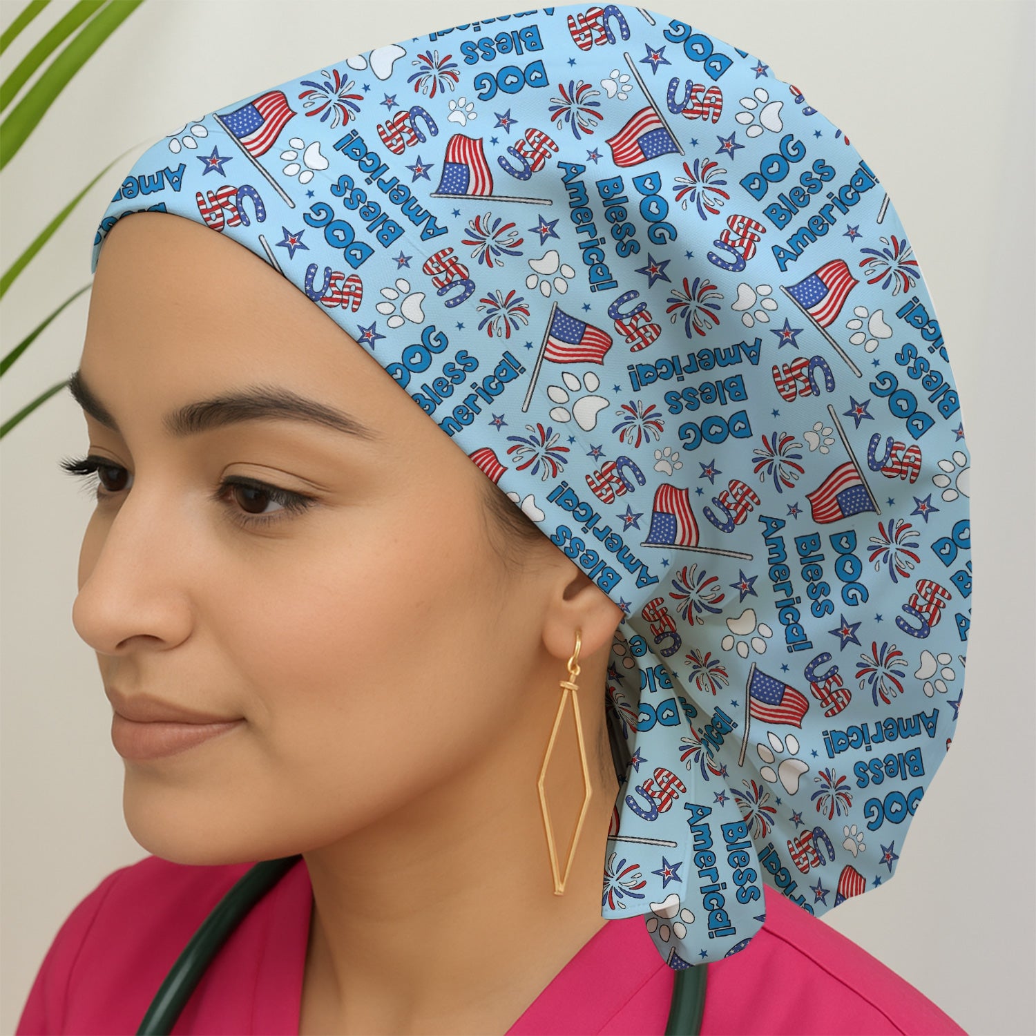 Funny Patriotic Dog Bless America Flag Pattern Scrub Cap, Surgical Caps for Doctors