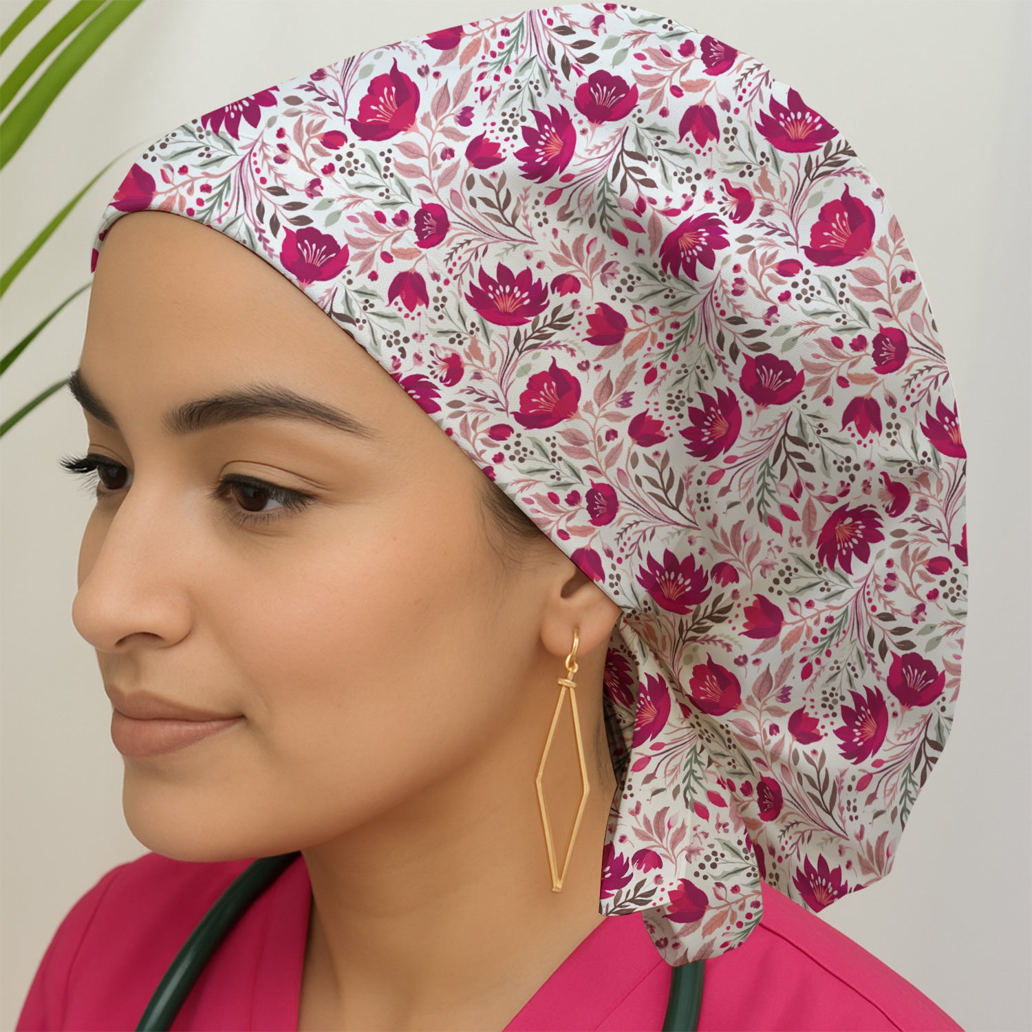 Elegant Floral Botanical Pattern Scrub Cap, Breathable Fabrics Caps Uniform