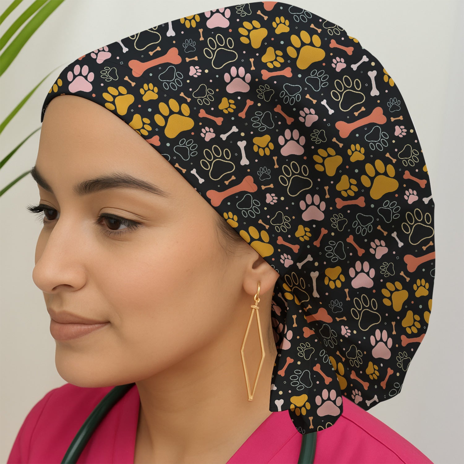 Cute Paw Print Dog Pattern Cap, Bouffant Scrub Caps for Women