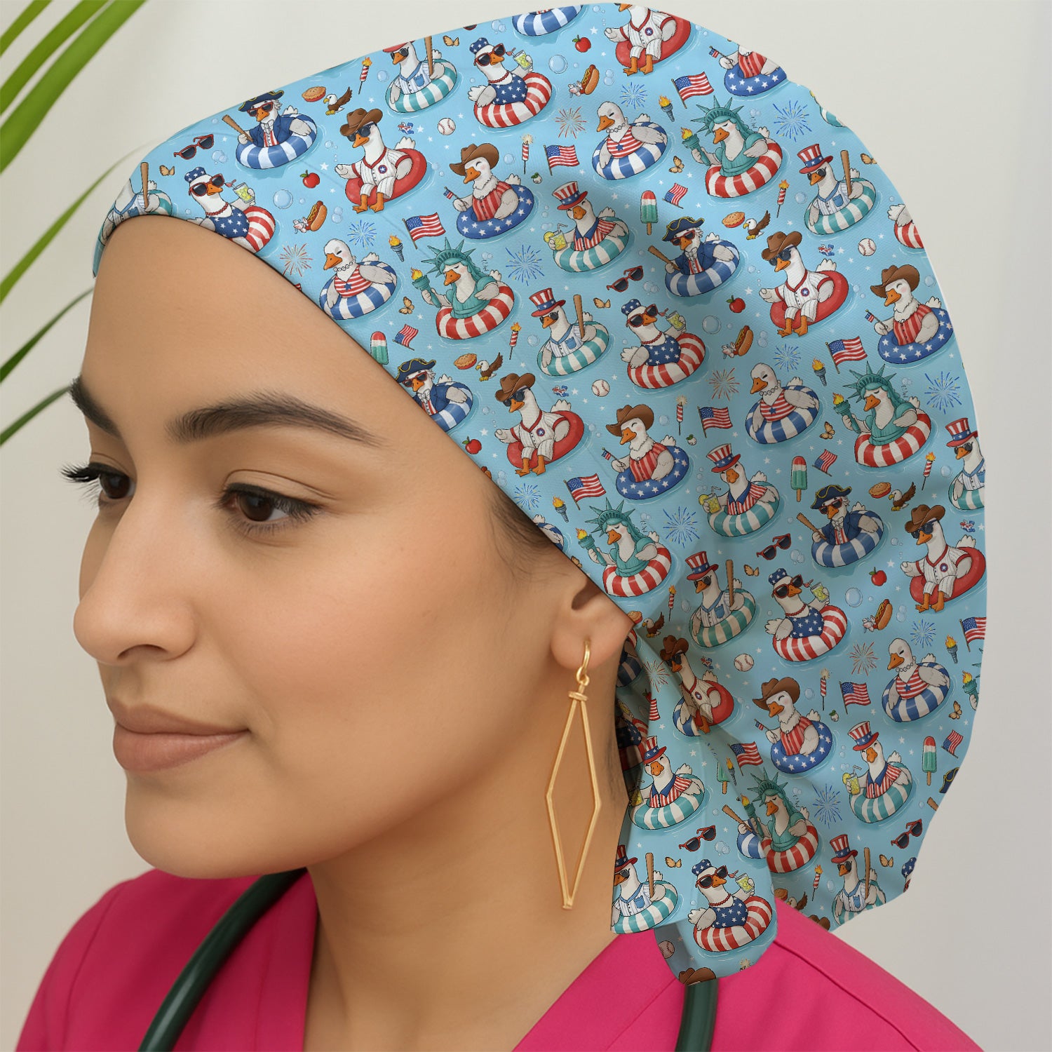 Funny Patriotic Duck Pool Party Pattern Nurse Scrub Cap, Surgical Caps for Doctors