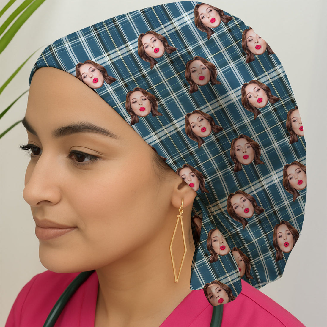 Personalized Funny Face Plaid Scrub Cap, Custom Photo Pattern Surgical Cap For Doctors, Breathable Fabrics Caps Uniform