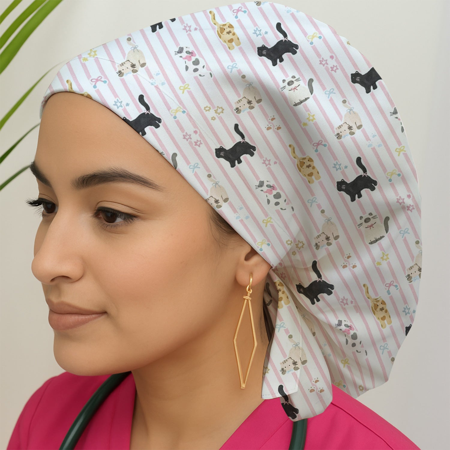 Cute Playful Cat Stripe Ribbon Pattern Scrub Cap, Surgical Caps for Doctors