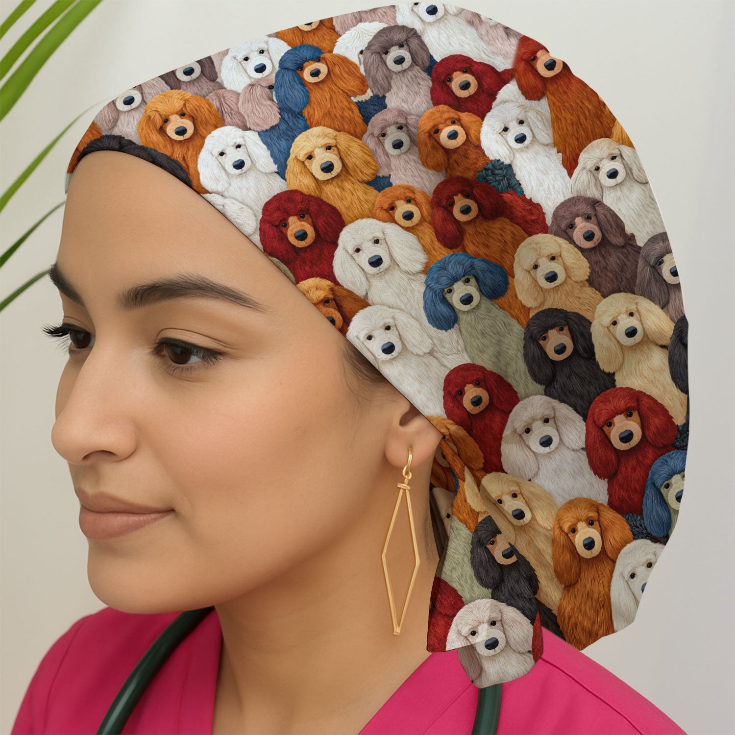 Multicolor Poodle Dog Pattern Scrub Cap, Breathable Fabrics Caps Uniform