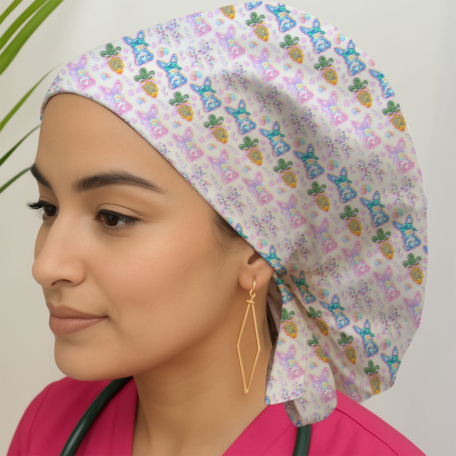 Easter Bunny Carrot Bow Floral Print Cap, Bouffant Scrub Caps for Women