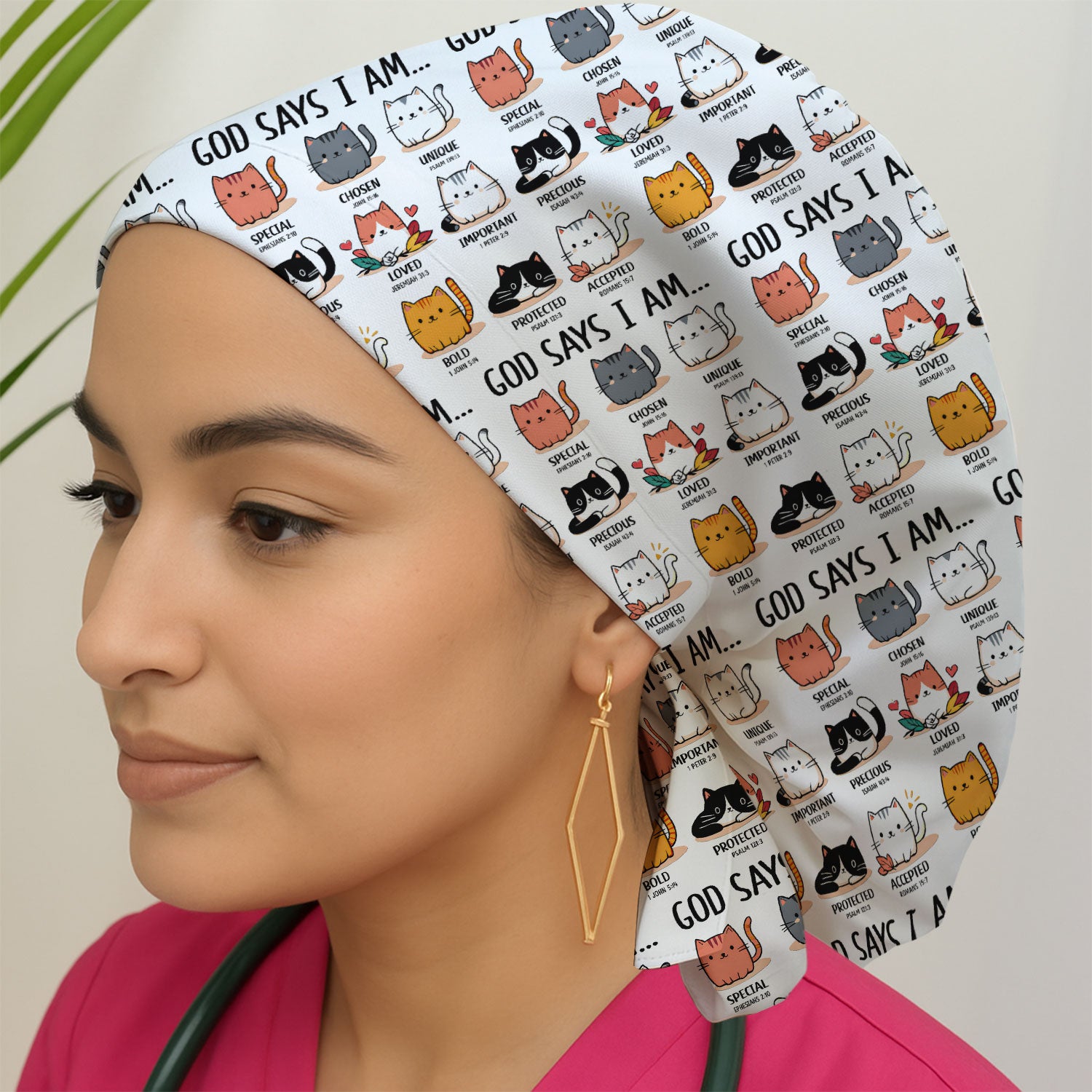 Cute Christian Cat God Says I Am Cap, Bouffant Scrub Caps for Women