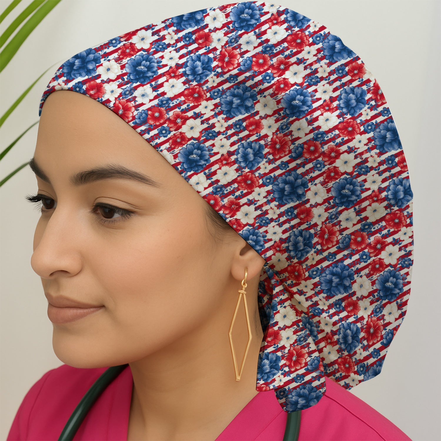 Patriotic Nurse Floral Stripe Pattern Scrub Cap, Surgical Caps for Doctors