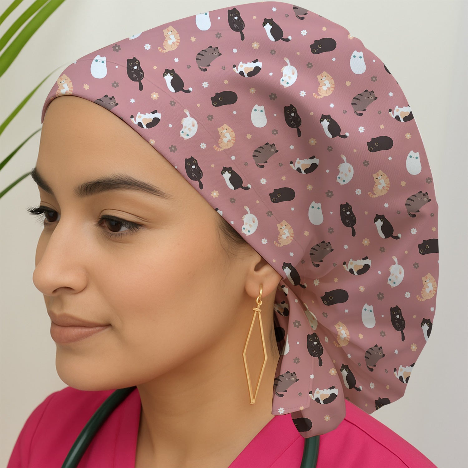 Adorable Kitty Nurse Pattern Scrub Cap, Surgical Caps for Doctors