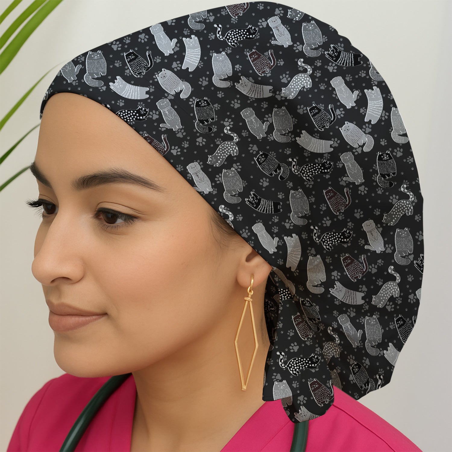 Cute Cat and Paw Print Pattern Scrub Cap, Surgical Caps for Doctors