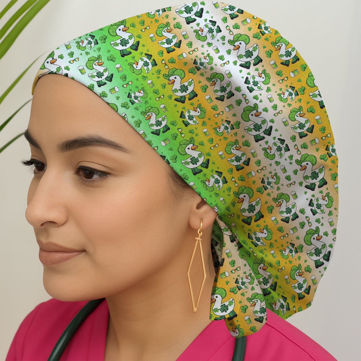 St. Patrick Goose Shamrock Medical Pattern Scrub Cap, Bouffant Scrub Caps for Women