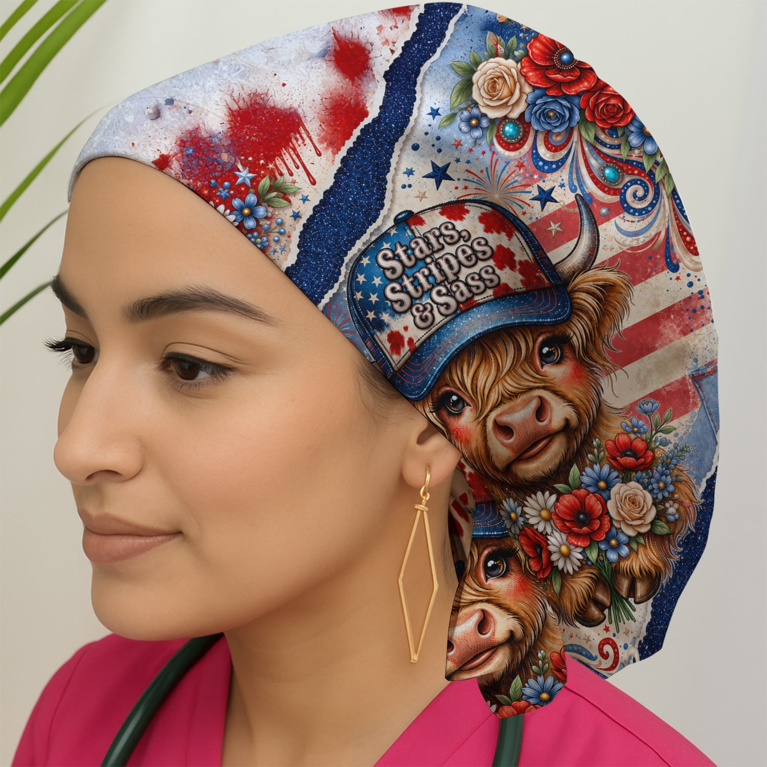 Patriotic Highland Cow Nurse Pattern, Healthcare Workers Scrub Cap, Surgical Caps for Doctors