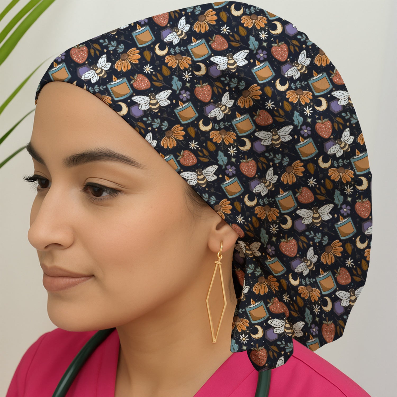 Bee Strawberry Floral Candle Pattern Scrub Cap, Surgical Caps for Doctors