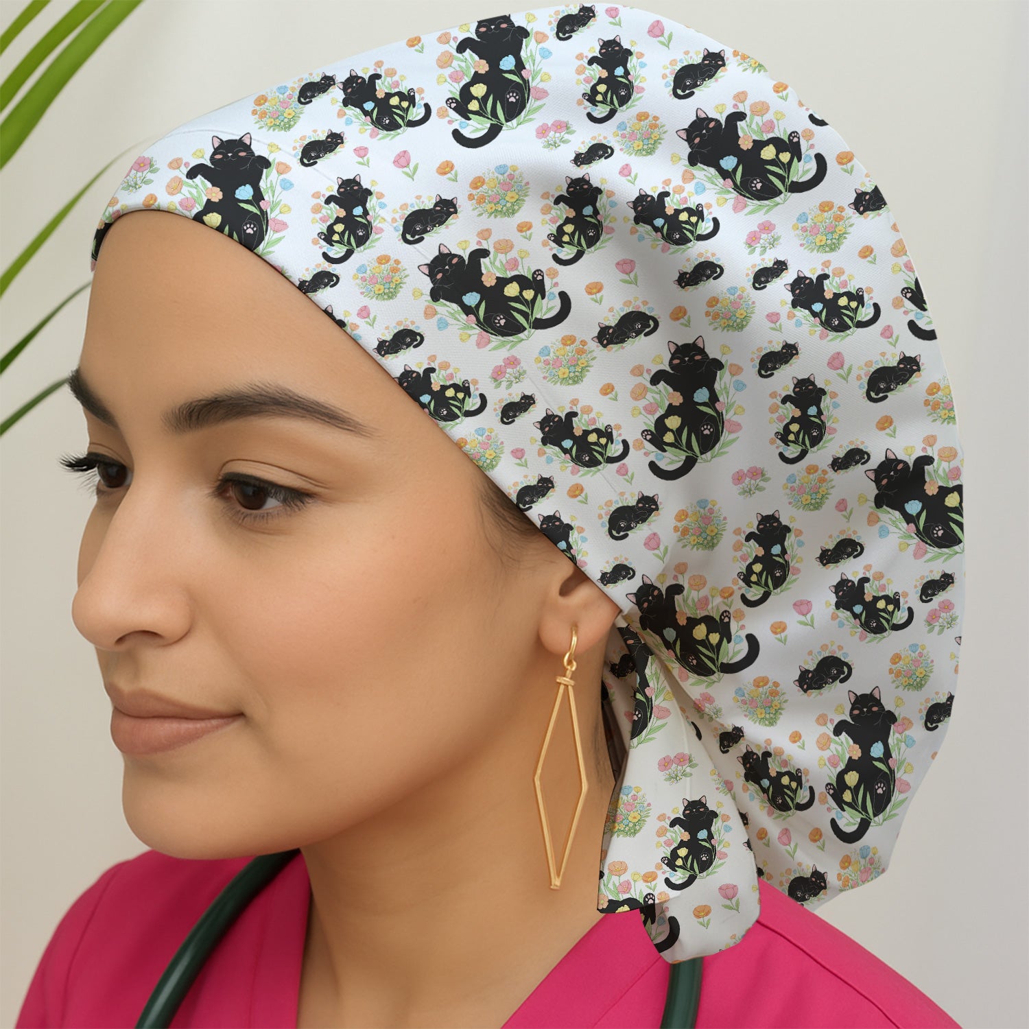 Cats With Cute Poses Floral Pattern Caps, Bouffant Scrub Caps for Women