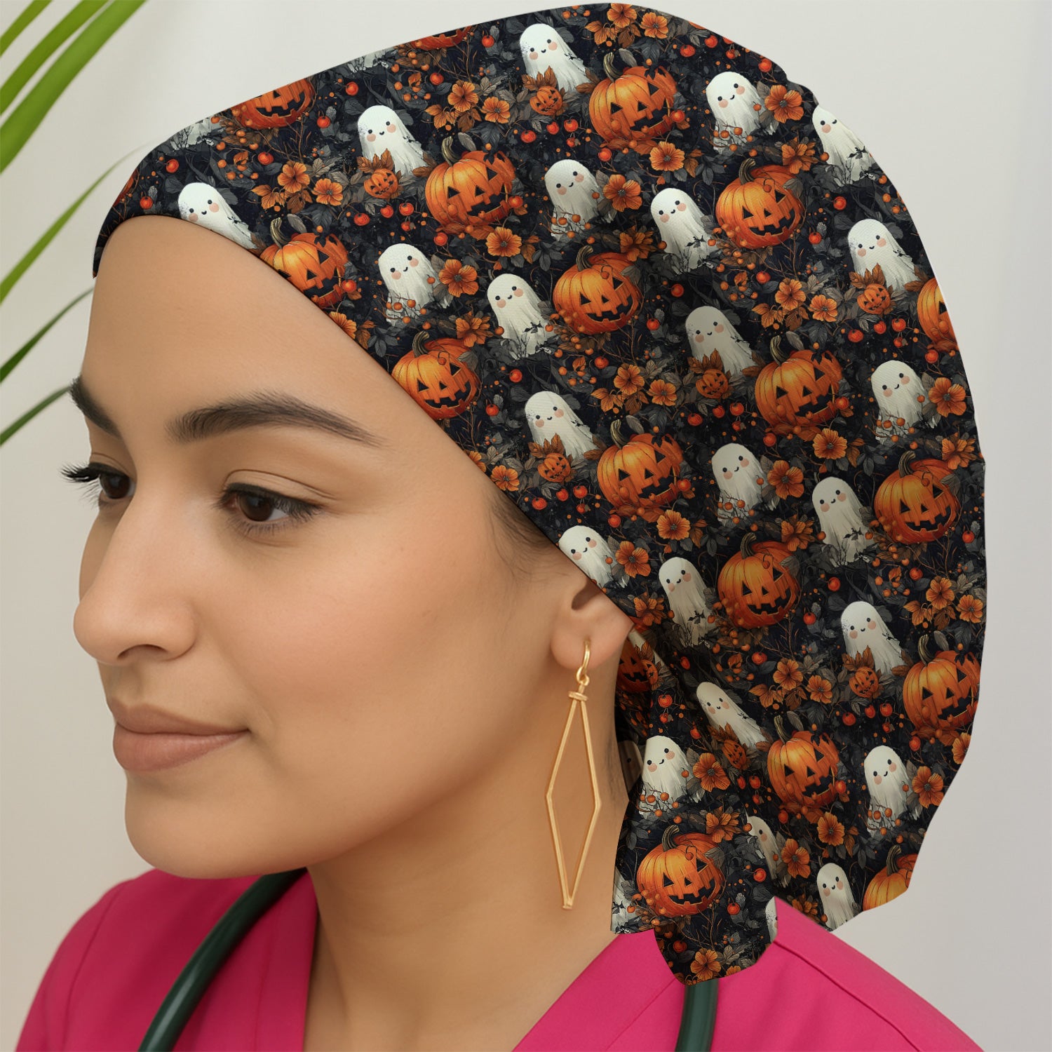 Spooky Halloween Ghost And Pumpkin Pattern Scrub Cap, Surgical Caps for Doctors
