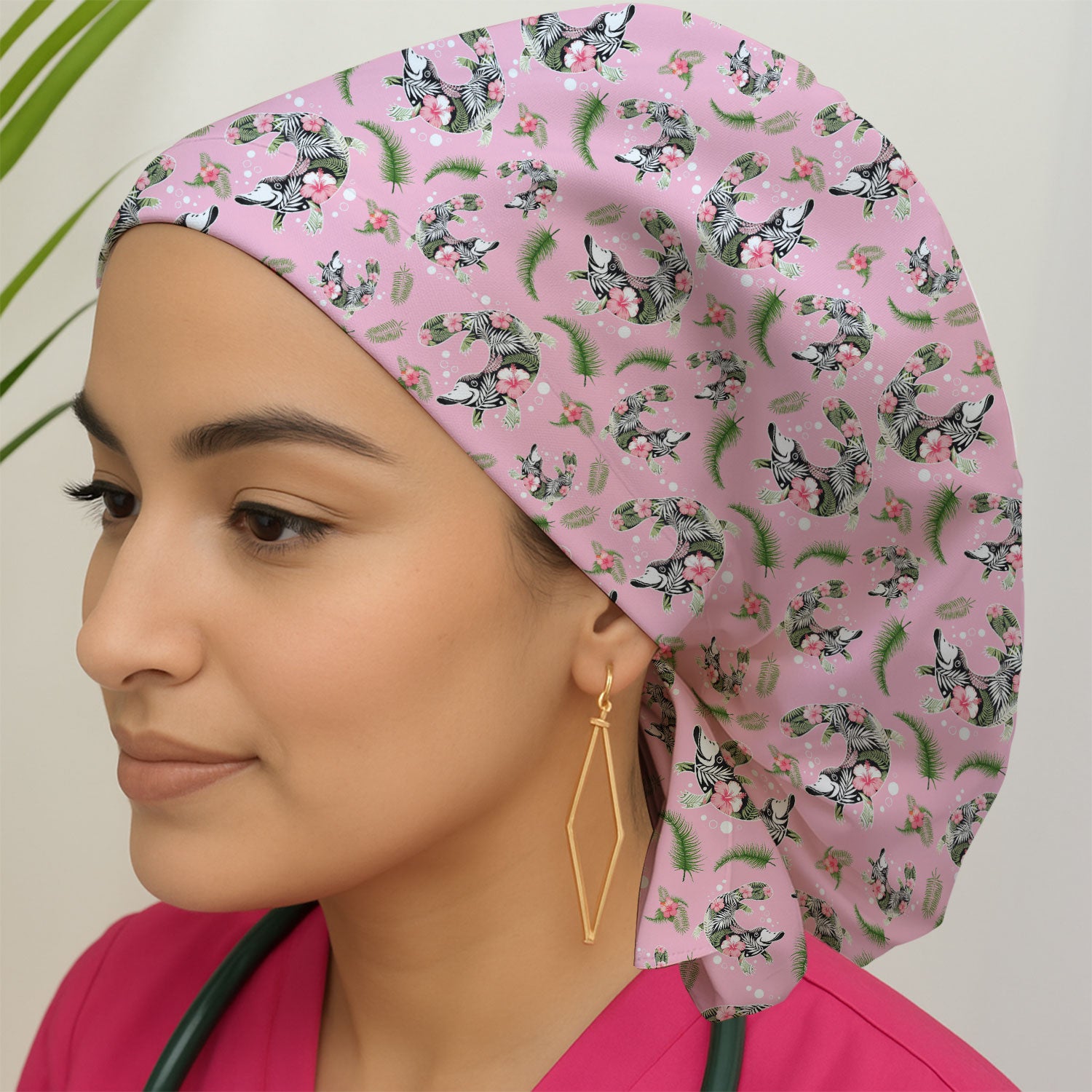 Cute Platypus Scrub Cap, Tropical Floral Animal Pattern Nurse Hat, Breathable Fabrics Nursing Uniform