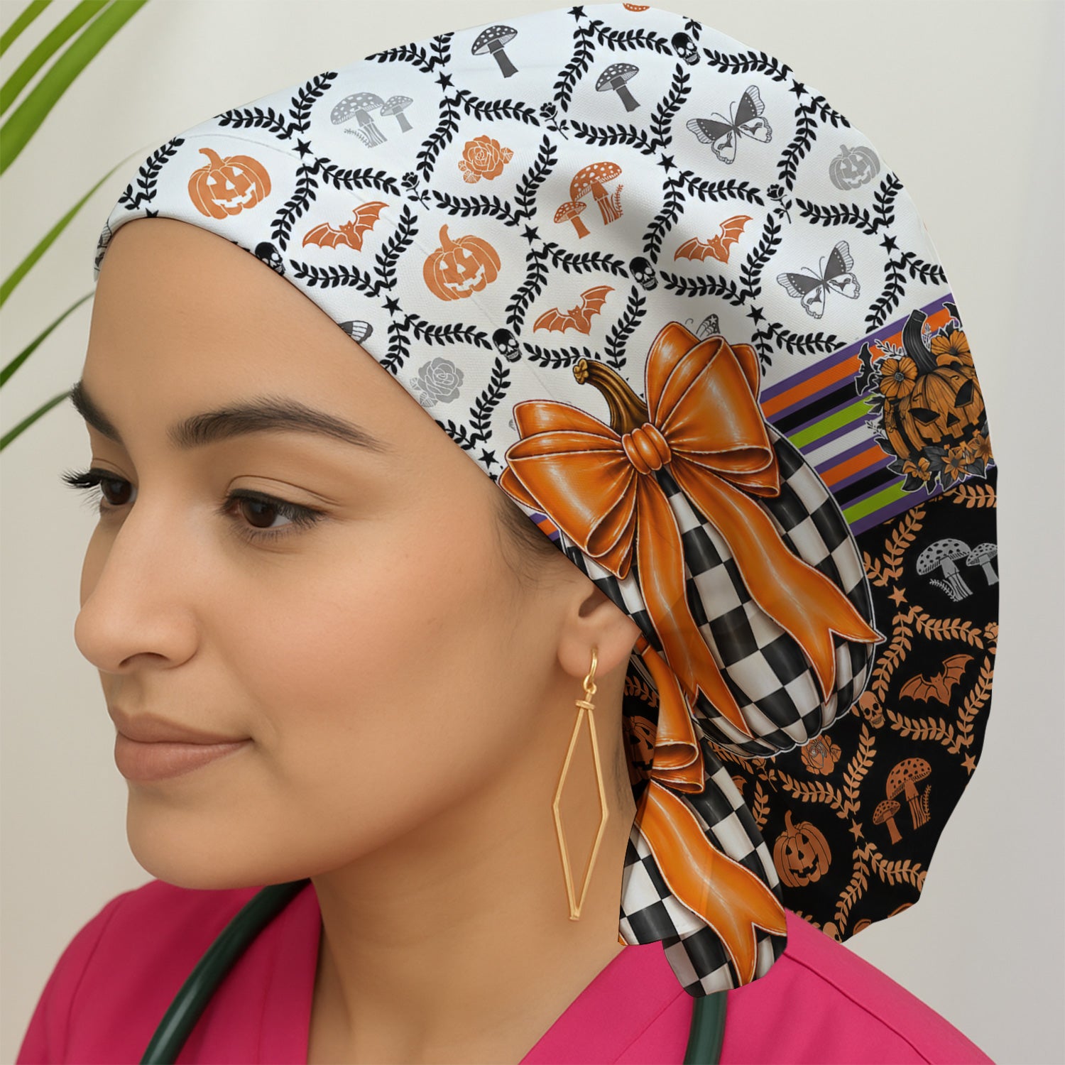 Halloween Checkered Pumpkin With Bow Pattern Scrub Cap, Surgical Caps for Doctors
