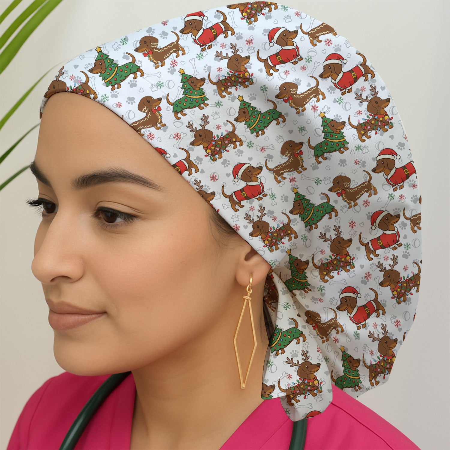 Christmas Dachshund Scrub Cap - Sausage Dog Wiener Holiday Surgical Hat Multi Color - Xmas Gift for RN CNA LPN