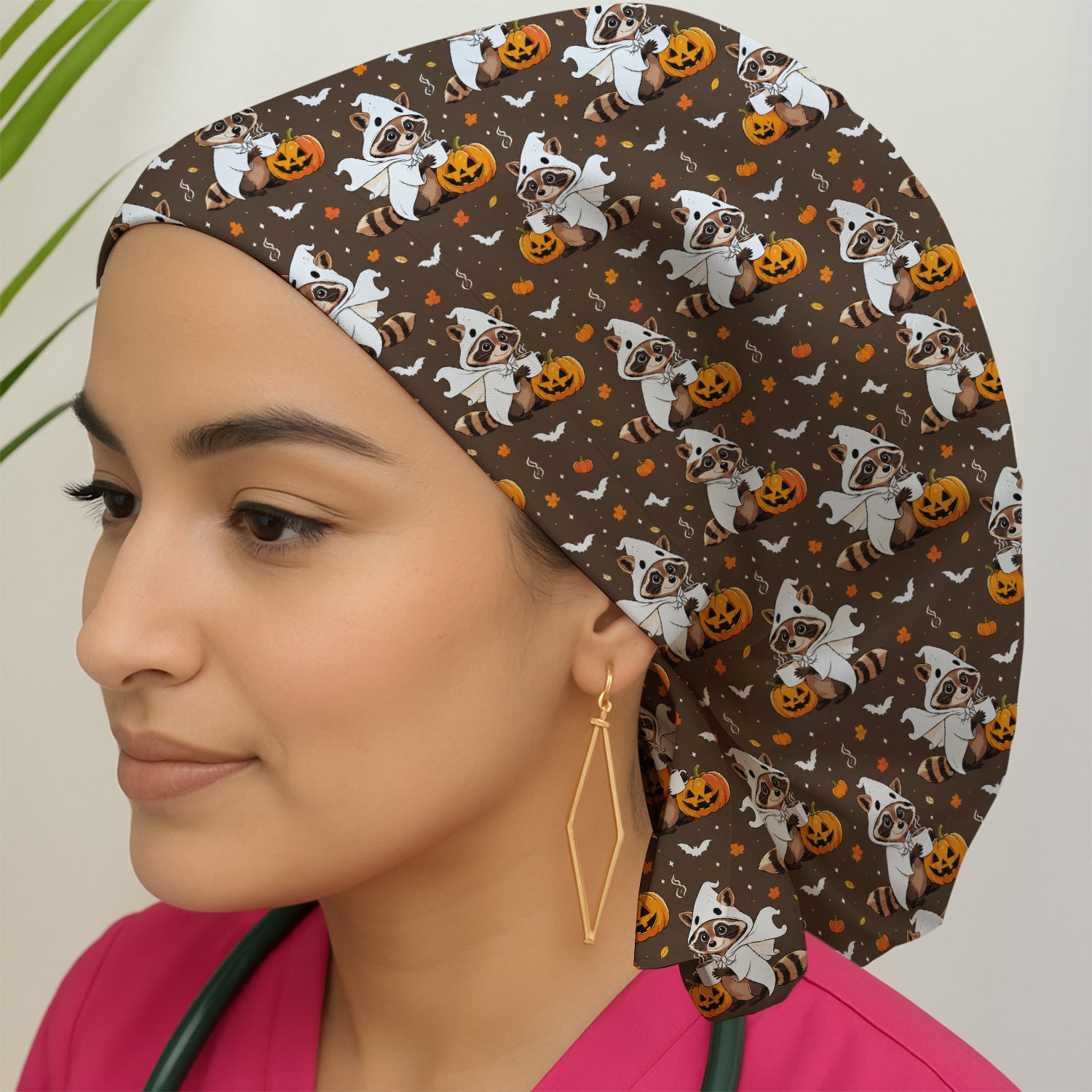 Halloween Ghost Raccoon Pumpkin Scrub Cap, Surgical Caps for Doctors