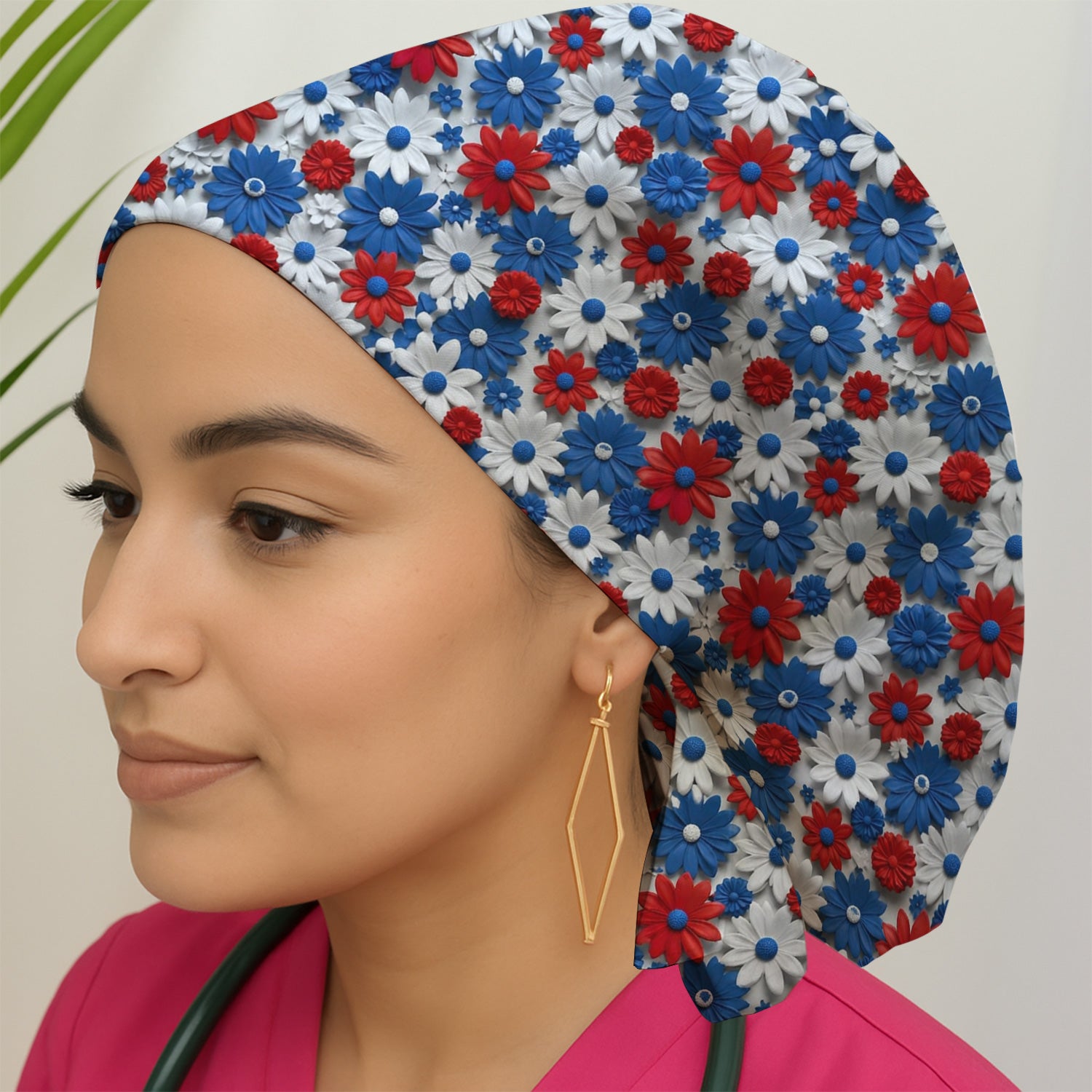 Patriotic Red Blue Daisy Floral Pattern Nurse Scrub Cap, Surgical Caps for Doctors