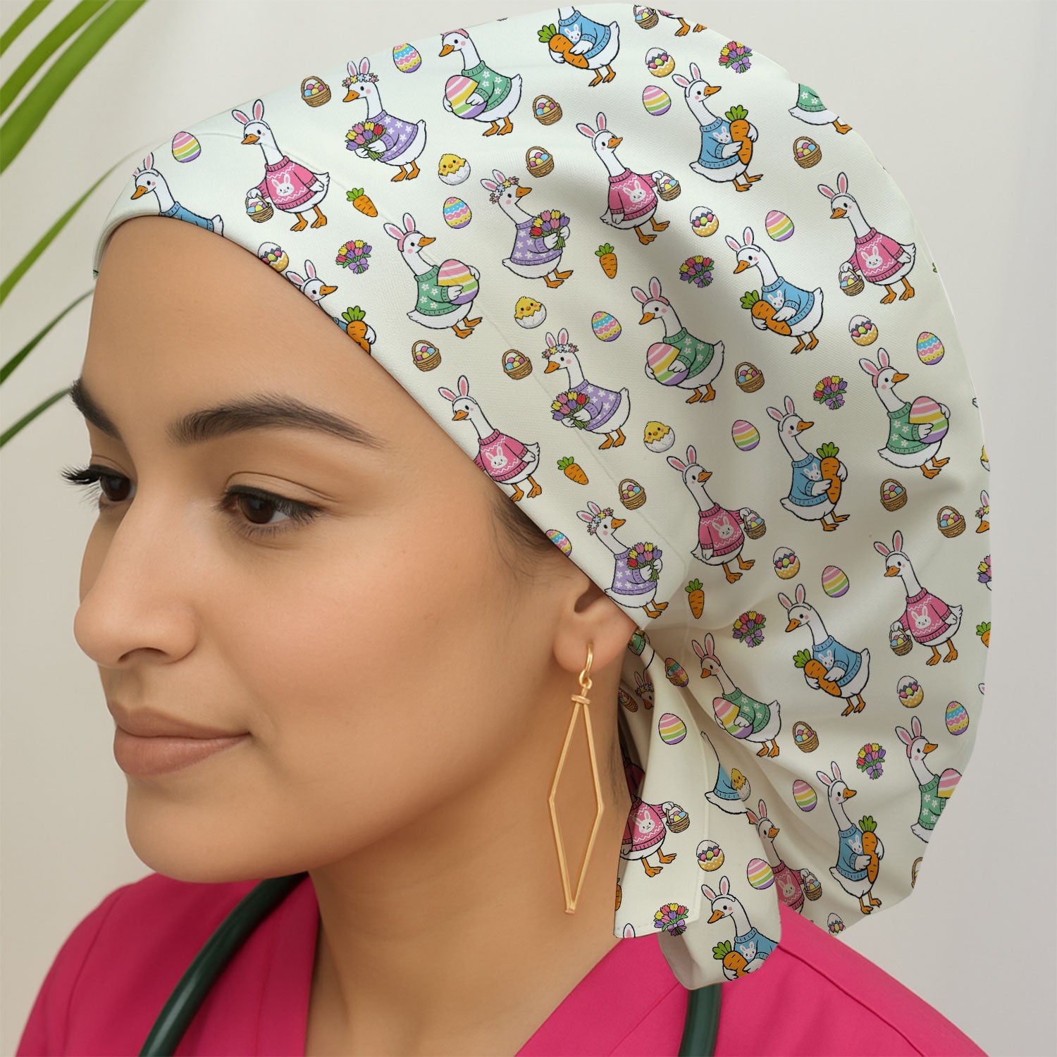 Cute Easter Goose Pattern Cap, Bouffant Scrub Caps for Women