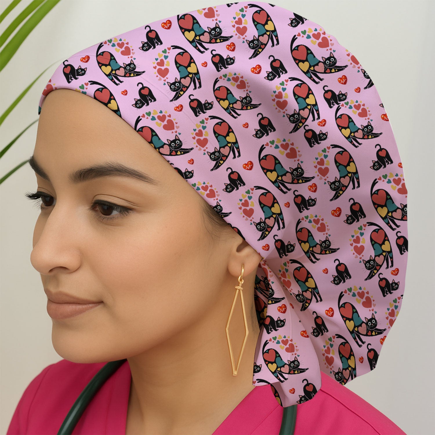 Playful Cat Valentine Heart Print Nurse Scrub Cap, Bouffant Scrub Caps for Women