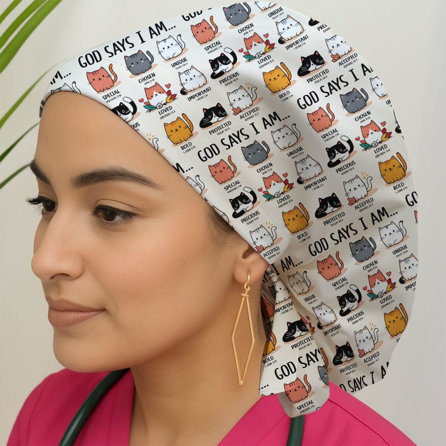Cute Christian Cat God Says I Am Cap, Bouffant Scrub Caps for Women